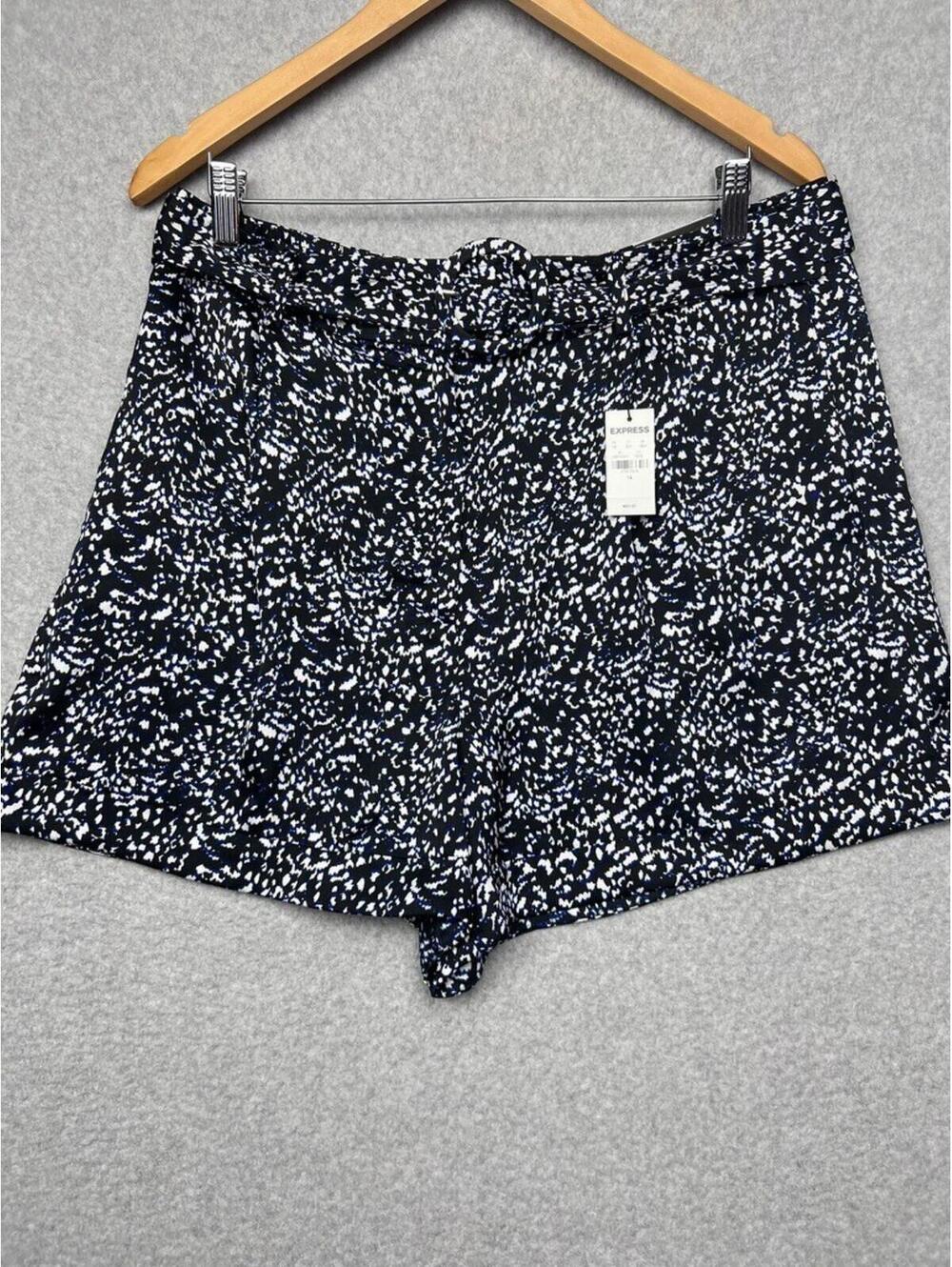 Express Super High Rise Shortie Shorts Black Blue Confetti Pleated Dressy 14 XL